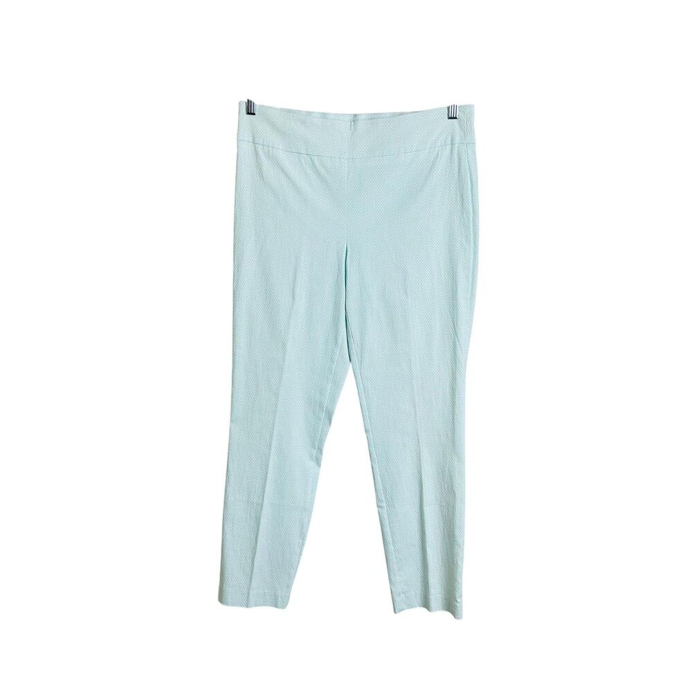 Renuar Pants Womens Size 12 Teal Blue Geometric Print Stretch Pull On Trousers